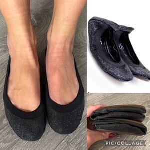 YS Yosi Samra Samara Metallic Black Glitter Slip On Foldable Ballet Flats Sz 8